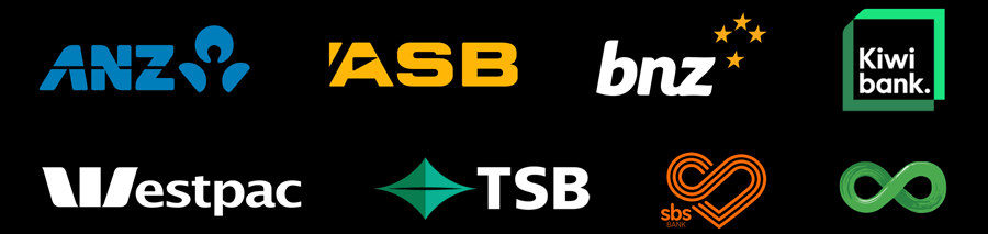 Strip of logos of New Zealand banks, as follows: ANZ, ASB, BNZ, Kiwibank, Westpac, TSB, SBS, Co-op Bank
