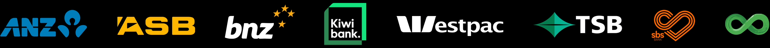 Strip of logos of New Zealand banks, as follows: ANZ, ASB, BNZ, Kiwibank, Westpac, TSB, SBS, Co-op Bank